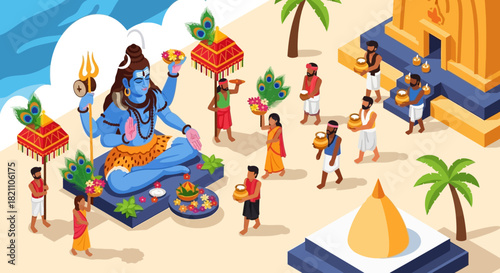 Hindu Festival Celebration with Lord Shiva and Devotees in a Temple Illustration