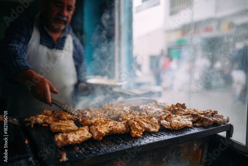 Fototapeta Naklejka Na Ścianę i Meble -  Close-up Mexican street cook flipping meat on small grill.
