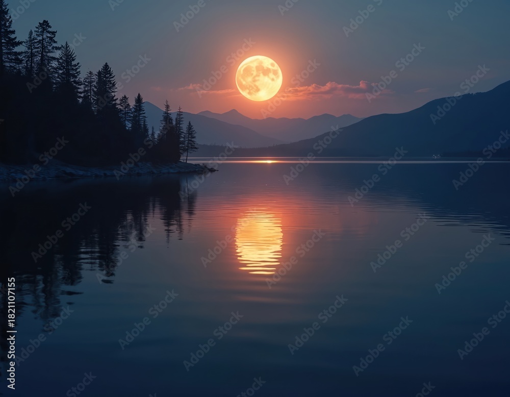 Fototapeta premium Full moon shines over calm lake water surface reflecting warm sky colors. Dark forest line meets water edge near distant mountains under twilight sky.