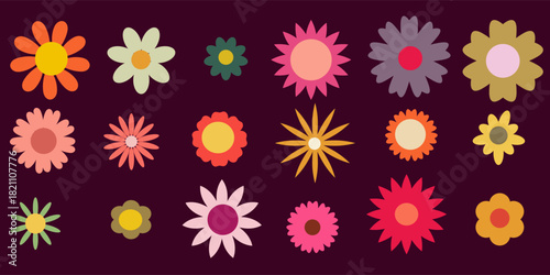 Groovy daisy set, flat vector trendy retro style, camomile blooming.
