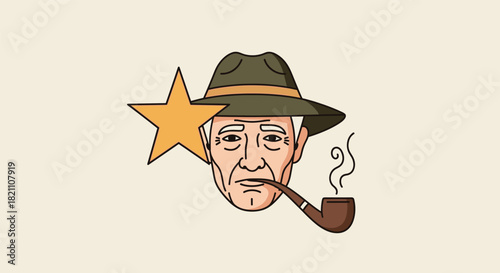 Cartoon Illustration of a Man with Hat, Pipe, and Star: Quirky Graphic for Various Creative Uses and Designs Projects for Print or Digital Art.