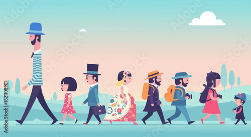 Diverse group of people walking together in a line, enjoying the day.