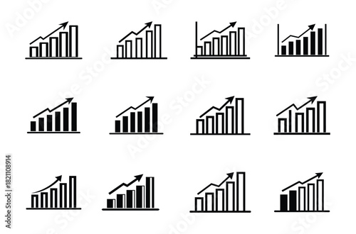 Black and White Growing Bar Chart Icons on White Background Collection
