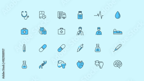Collection of medical icons with blue and gray outlines on a light blue background