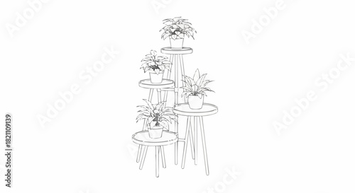 Elegant plant stand with multiple levels showcasing potted greenery in a stylish arrangement.