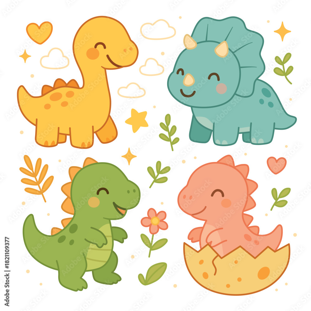 Naklejka premium Adorable set of four happy baby dinosaurs, perfect for kids' prints, t-shirts, nursery decor, party supplies, educational materials, designs. Cute dinosaurs collection, flat vector on white background