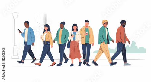 Diverse group of young multicultural people walking together in a line.