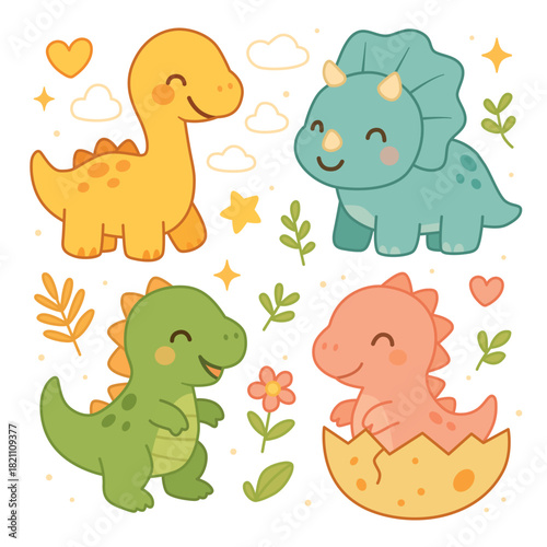 Adorable set of four happy baby dinosaurs, perfect for kids' prints, t-shirts, nursery decor, party supplies, educational materials, designs. Cute dinosaurs collection, flat vector on white background