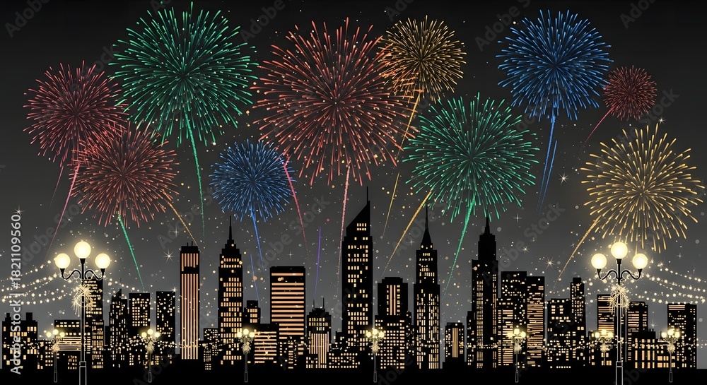 Obraz premium City skyline illuminated by vibrant fireworks celebrating a festive occasion
