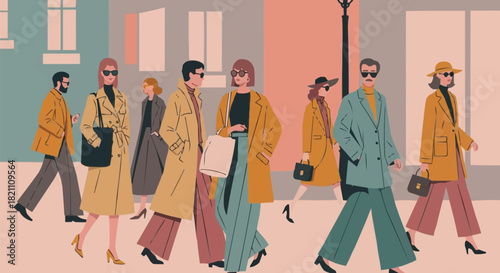 A stylish group of people in fashionable coats walking on a city street.