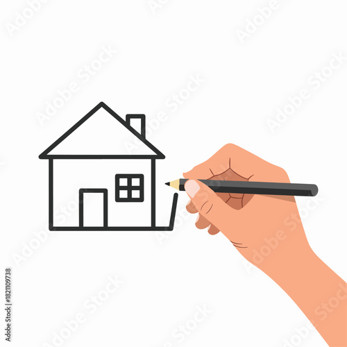 Architectural Sketch of a Simple House Being Drawn by a Human Hand with a Pencil