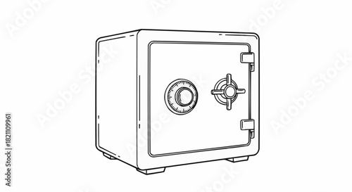 A detailed line drawing of a classic metal safe with a combination lock and handle.