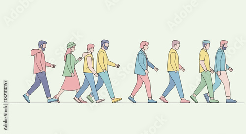 Diverse Group Walking - Unity and Individuality in Motion.