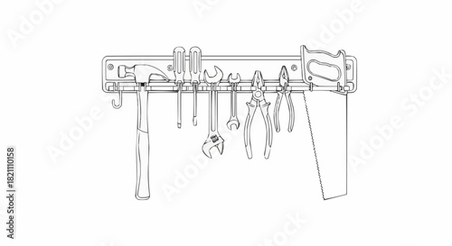 Tool rack with various hand tools for construction and repair work.
