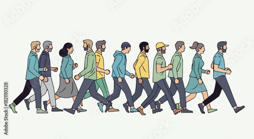 A diverse crowd of illustrated people walking together in a line.