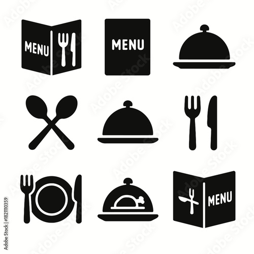 Set of black restaurant icons featuring menus, cutlery, and cloche designs