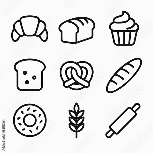 Set of bakery icons: bread, croissant, cupcake, donut, pretzel, wheat, rolling pin