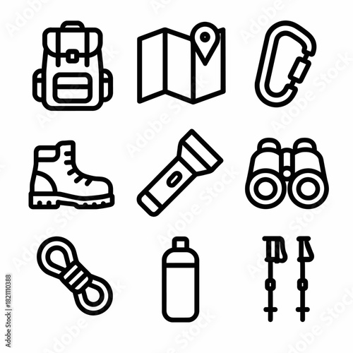 Collection of camping equipment icons: backpack, map, carabiner, boots, flashlight, binoculars, rope, bottle, hiking poles