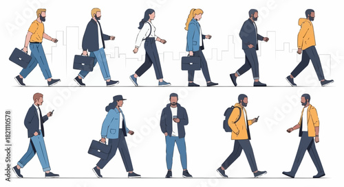 Diverse Group of People Walking in a Line Representing Daily Commute and Activity.