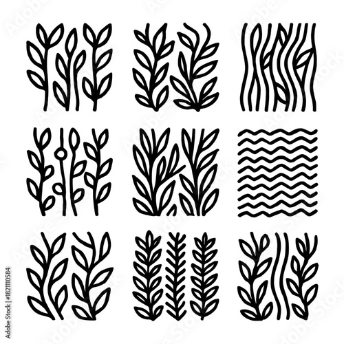 Set of nine hand-drawn botanical patterns with leaves and lines