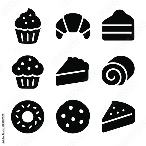 Black silhouette icons of cupcake, croissant, cake, muffin, swiss roll, donut, cookie