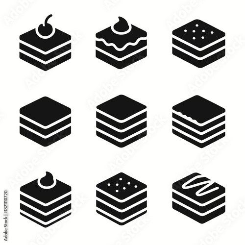 Set of nine dessert icons featuring layered cakes and toppings