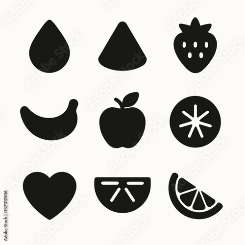 Black silhouette icons of essential fruits and shapes on white background