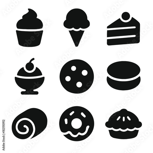 Assorted dessert icons: cupcake, ice cream, cake, sundae, cookie, macaron, roll, donut, pie