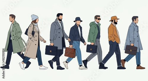 Diverse group of stylish people walking together in a line.