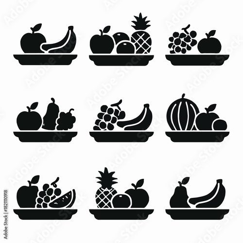 Set of nine silhouette fruit platters in black and white