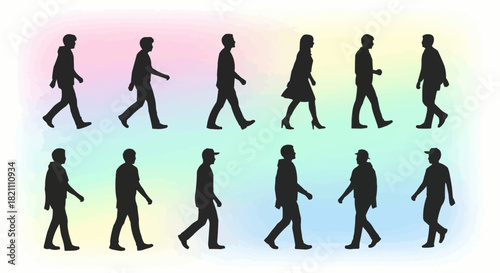 Silhouettes of walking people in various poses and attire, a diverse group.