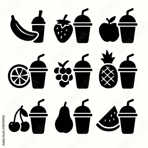 Assorted fruit and juice silhouettes: pineapple, strawberry, banana, orange, apple, grape