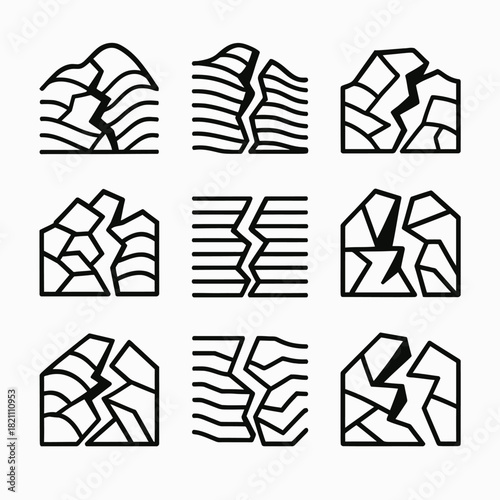 Geometric earthquake icons set illustrating seismic crack patterns
