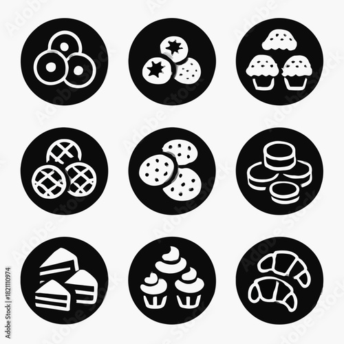 Black and white icons of various bakery treats including cakes, cookies, and pastries