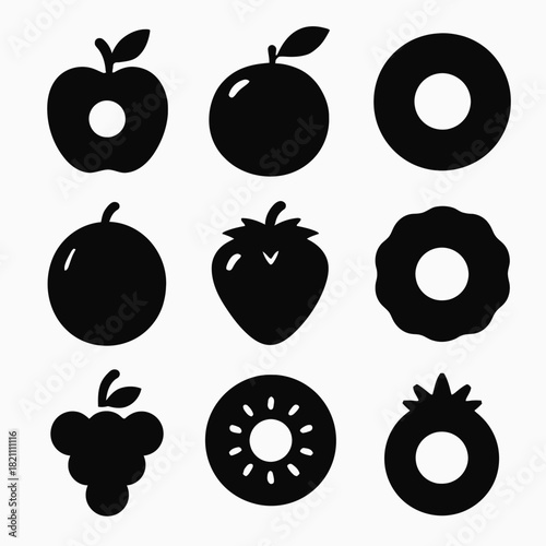 Set of nine black fruit icons including apple, orange, strawberry, and grape silhouettes