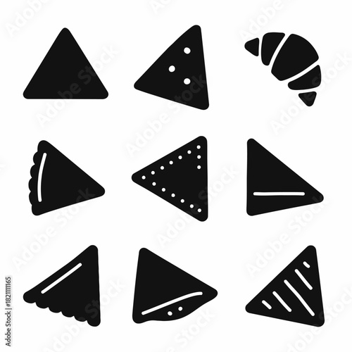 Black silhouette icons of various triangular pastries and croissant