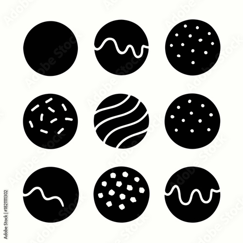 Set of nine black icons of cookies with various toppings and patterns