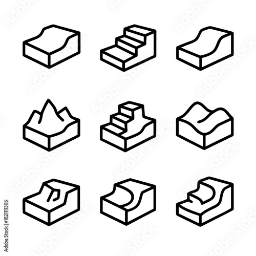 Black and white geometric terrain icons set with various surface shapes