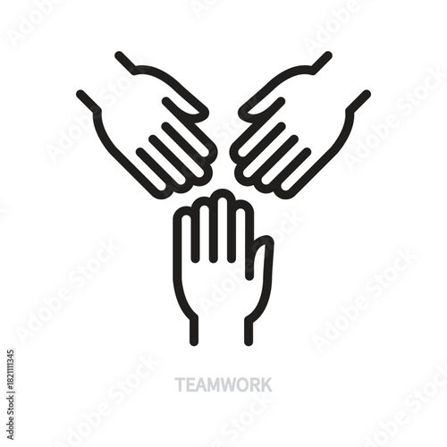 Teamwork line icon. Human hands, palms symbol. Mutual help, cohesion, partnership, support, help, success concept. Black sign. Isolated on a white background. Editable stroke. Vector illustration.