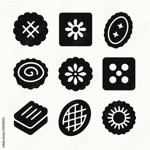 Assorted cookie icons: nine stylish black silhouette designs on white background
