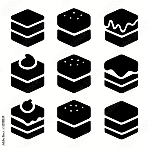 Set of nine black silhouette cake icons with toppings and layers