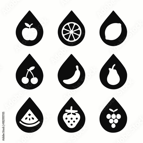 Black and white fruit icons set: apple lemon cherry banana pear watermelon strawberry grapes