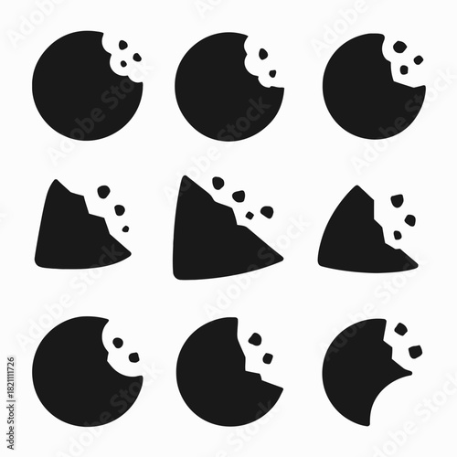 Set of nine black cookie and chip bite silhouettes in various shapes