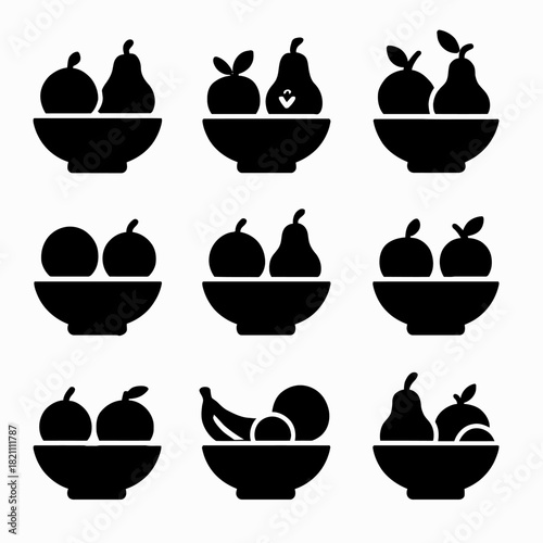 Collection of simple fruit silhouettes in bowls