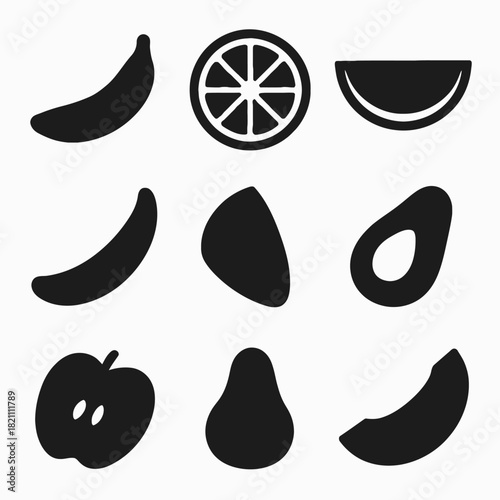 Set of nine black and white fruit silhouettes featuring banana, citrus, watermelon, and apple