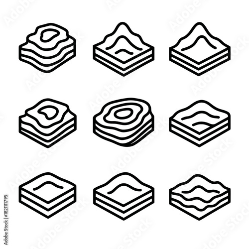 Set of geometric terrain icons depicting various topographic contours