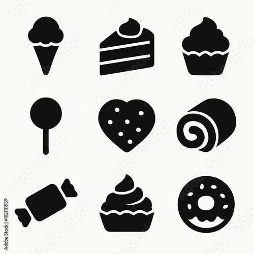 Assorted sweet treat icons: ice cream, cake, donut, candy, roll, lollipop
