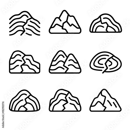 Collection of nine bold abstract mountain icons in black line style
