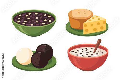 A Variety of Delicious Foods: Beans, Cheese, Eggs, and Soup in Bowls and on Plates for a Healthy and Balanced Diet