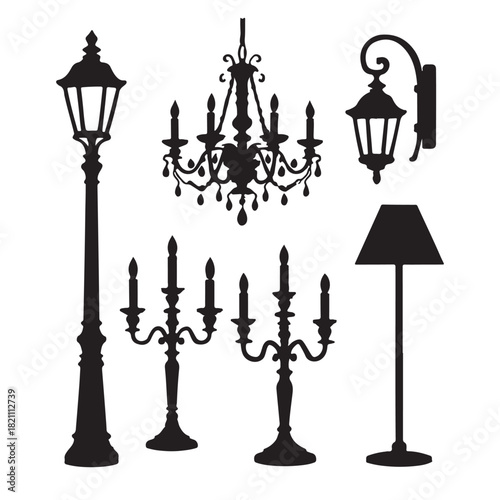 Collection of elegant black silhouette lighting fixtures on a white background